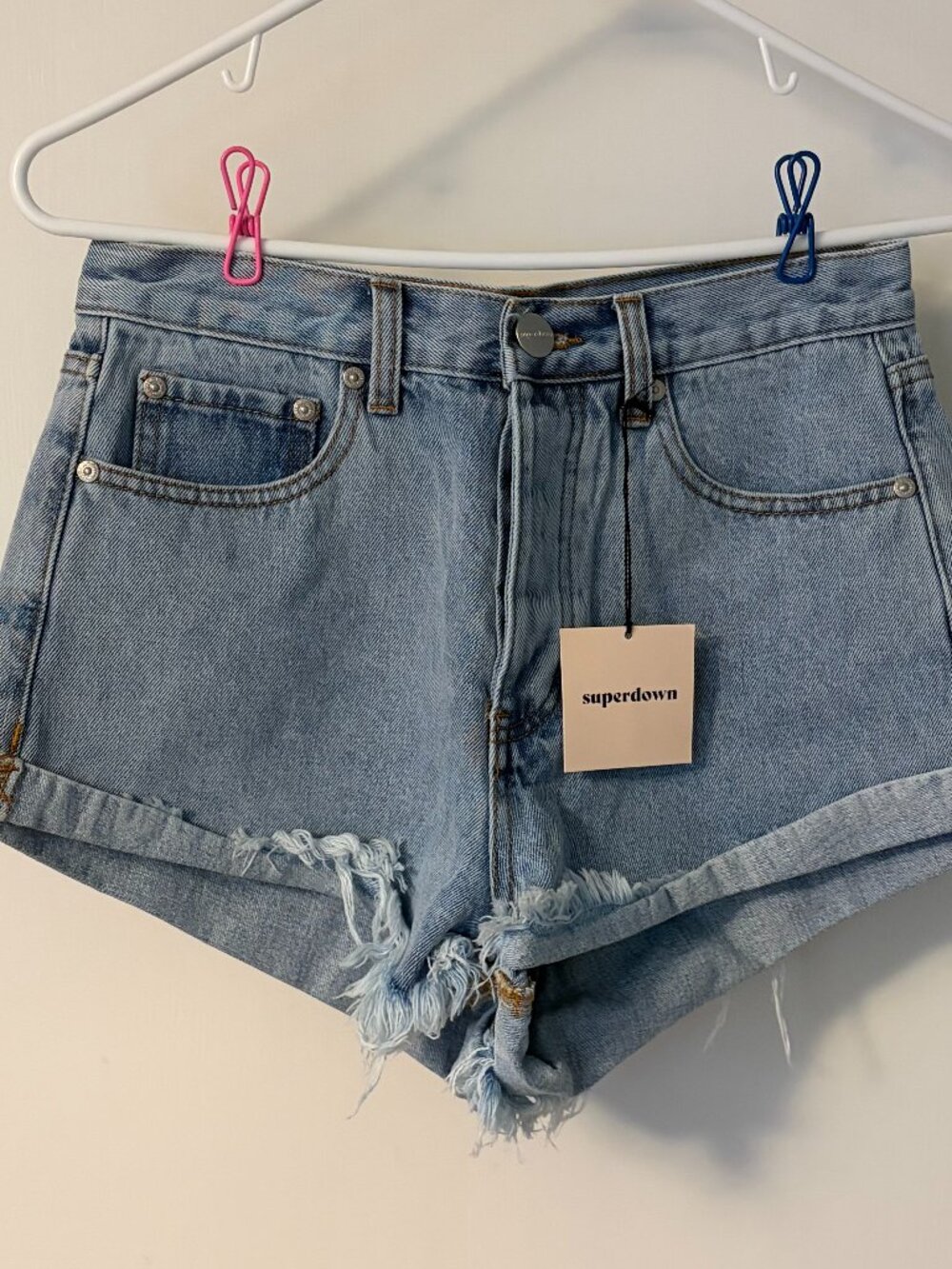 Superdown high-rise denim cutoff raw hem shorts size 28 NWT button fly festival